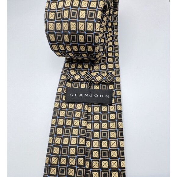 Sean John Micro Check Neck Tie Silk Black Gold Checkered Squares Blue Accents - Picture 2 of 7